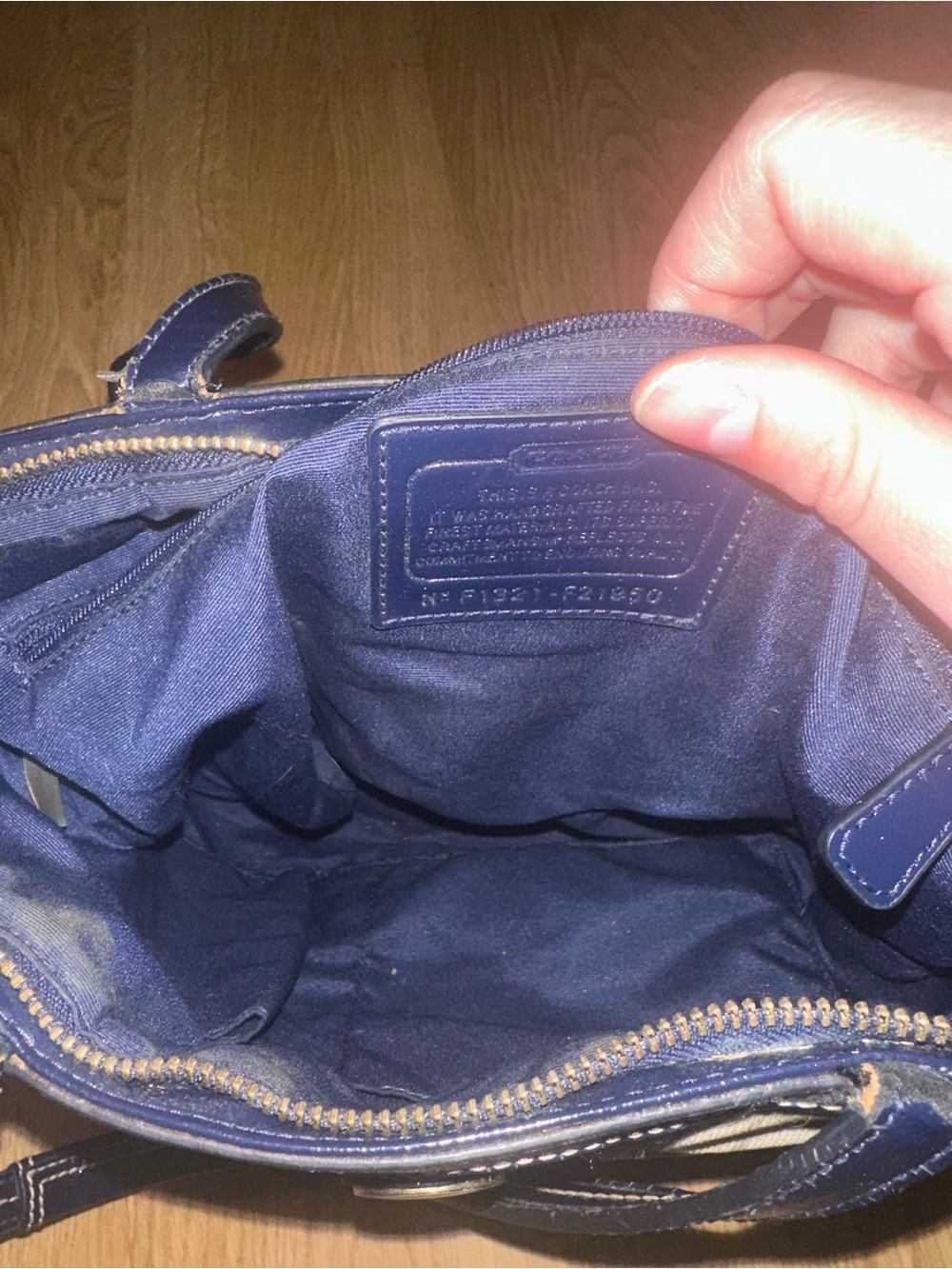 Coach Brown Signature Canvas Tote with Navy Center Stripe - Picture 9 of 11